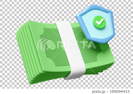 3d shield with banknote stack icon, checkmark isolated. economic movements or business finance saving money, financial business protection concept, 3d render illustration 100094433