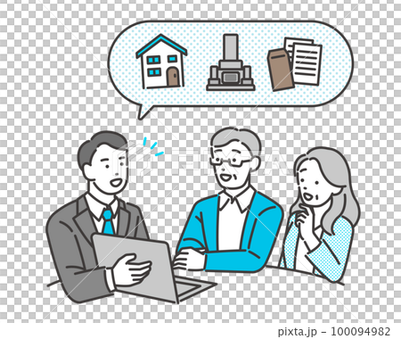 窓口で相続の相談をするシニア夫婦のベクターイラスト素材／ヒアリング／遺産相続 100094982