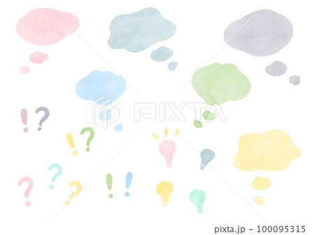 ポップなパステルカラーの吹き出し、考え中、感嘆符！？の背景 かわいい手描きの水彩イラスト 100095315
