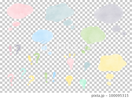 ポップなパステルカラーの吹き出し、考え中、感嘆符！？の背景 かわいい手描きの水彩イラスト 100095315
