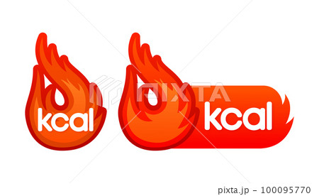 Kcal fire icon and label. Energy fat burn. Kilocalorie hot logo. Vector illustration. 100095770