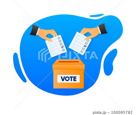 Voting box icon. Election voting concept. The hand throws the ballot into the box for collecting votes. Vector illustration. Voting box icon. Election voting concept. The hand throws the ballot into the box for collecting votes. Vector illustration. 100095782