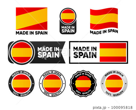 Made in Spain label collection. Set of flat isolated stamp made in Spain. 100 percent quality. Quality assurance concept. Vector illustration. 100095818