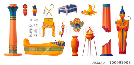 Ancient Egypt symbols, god and pharaoh statues 100095908