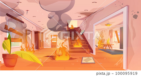 Burning fire inside home. Accident scene Burning fire inside home. Accident scene 100095919