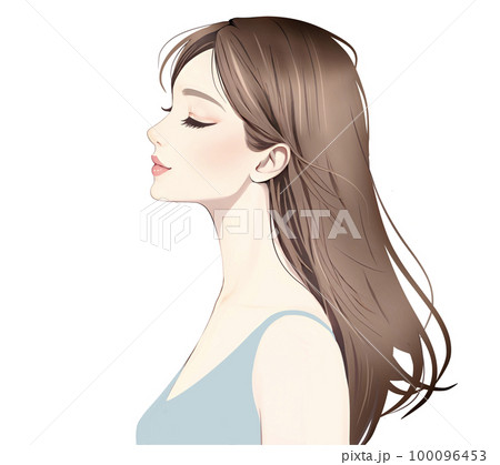 女性の横顔イラスト素材/横顔,女性,女の子,アップヘア,メイク,ロングヘア,ファッション,人物, 100096453