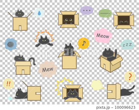 ダンボール箱で遊ぶ黒猫のイラスト素材セット 吹き出し付き ダンボール箱で遊ぶ黒猫のイラスト素材セット 吹き出し付き 100096623