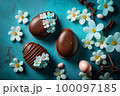Easter composition with chocolate eggs and cherry branches 100097185