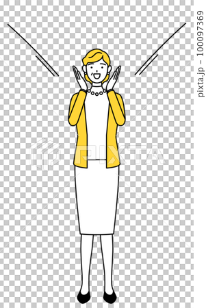 A retired senior/middle-aged woman who calls with her hand on her mouth 100097369