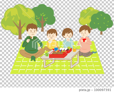 一家人去爬山，展開休閒床單，吃個飯盒 100097391