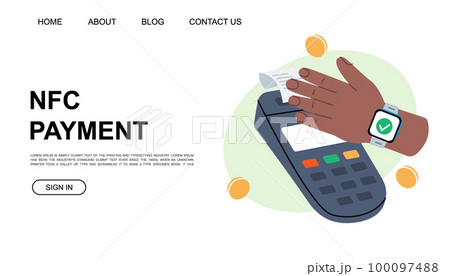NFC payment website template. Smart watch payment with POS terminal. Mobile banking app and e-payment illustration for landing page, advertising page. 100097488