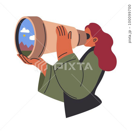 Woman looking through telescope in distance vector 100099700