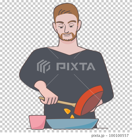 一個年輕人把煎鍋裡的食物放到盤子裡的矢量圖 100100557