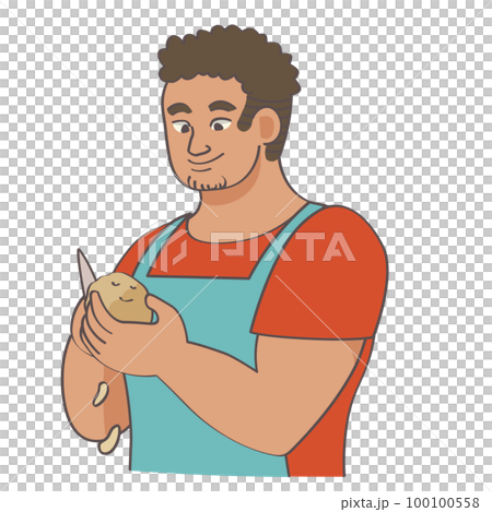 一個穿著圍裙和用刀削土豆皮的年輕人的矢量圖 100100558