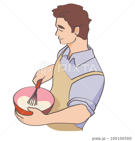 エプロンをしてボウルに入った食材を泡立てる若い男性のベクターイラスト 100100560