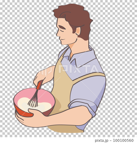 Vector illustration of a young man wearing an apron and whipping ingredients in a bowl 100100560