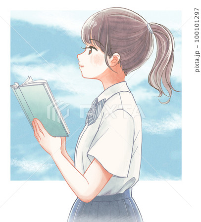 爽やか青春タッチ・青空の下で本を広げる高校生のイラストのイラスト