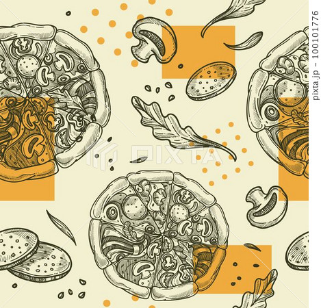 Pizzeria with tasty pizza slices, vegetables print 100101776