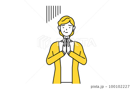 体の前で手を合わせて謝る定年退職したシニア・中年女性 100102227