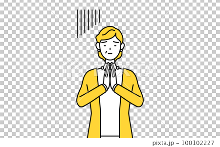 体の前で手を合わせて謝る定年退職したシニア・中年女性 100102227