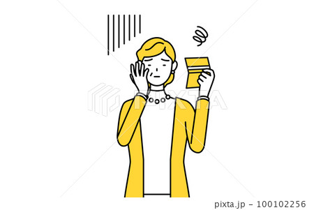 預金通帳を見て落ち込む定年退職したシニア・中年女性 預金通帳を見て落ち込む定年退職したシニア・中年女性 100102256