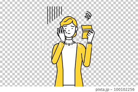 預金通帳を見て落ち込む定年退職したシニア・中年女性 預金通帳を見て落ち込む定年退職したシニア・中年女性 100102256