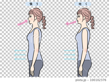 腹式呼吸をする女性 100102376
