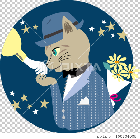 一隻虎斑貓在海軍約會時親吻他的手背的圓形矢量圖 一隻虎斑貓在海軍約會時親吻他的手背的圓形矢量圖 100104089