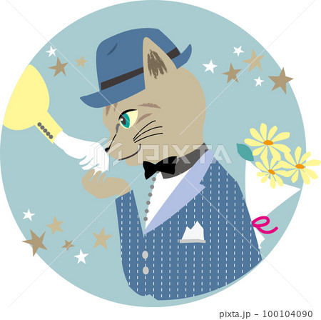 デートで手の甲にキスするトラ猫の丸いベクターイラスト ライトブルー デートで手の甲にキスするトラ猫の丸いベクターイラスト ライトブルー 100104090