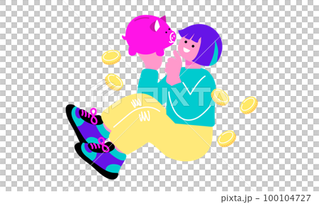 貯金箱を手のひらに乗せて笑う女性のイラスト 100104727