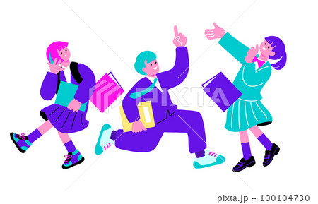 ポップなカラーの元気な学生のイラスト 100104730