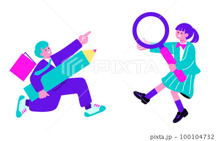 虫眼鏡を持つ女子学生と鉛筆を持つ男子学生 100104732