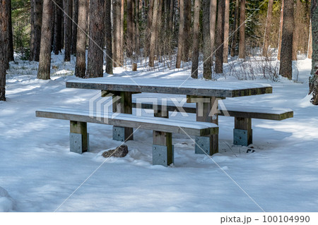 A deep, heavy layer of untouched, fresh, fluffy white snow covers picnic tables and benches in Gauja National Park, mid-winter, on a clear sunny day. A deep, heavy layer of untouched, fresh, fluffy white snow covers picnic tables and benches in Gauja National Park, mid-winter, on a clear sunny day. 100104990