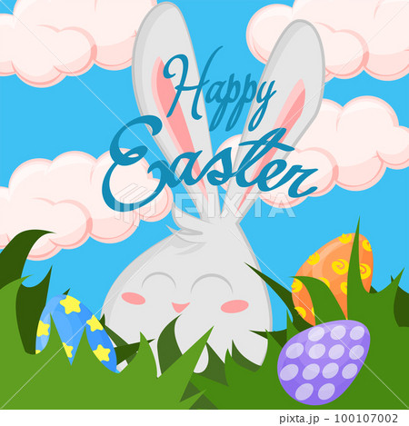 Cute cartoon rabbit hides in the grass to find eggs for easter 100107002