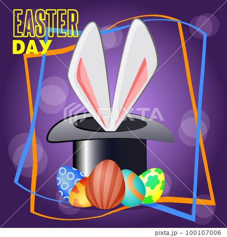 cute rabbit hides in a hat among the painted eggs for easter 100107006