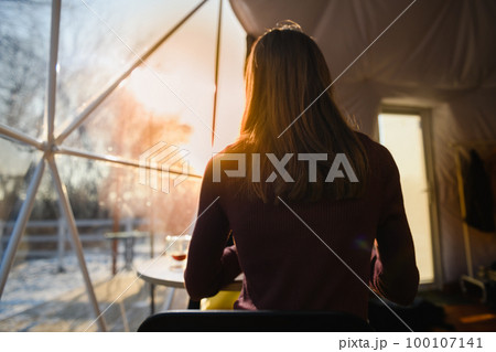 View from the back of a girl sitting at a table by the window 100107141