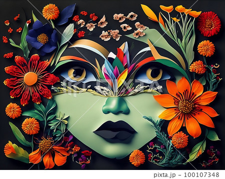 Abstract illustration of an eye with flowers around. Generative AI Abstract illustration of an eye with flowers around. Generative AI 100107348