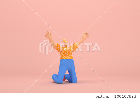 The woman with golden hair tied in a bun wearing blue corduroy pants and Orange T-shirt with white stripes.  She is doing exercise. 3d rendering of cartoon character in acting. 100107933