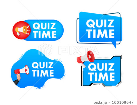 Megaphone label set with text Quiz time. Megaphone in hand promotion banner. Marketing and advertising 100109647