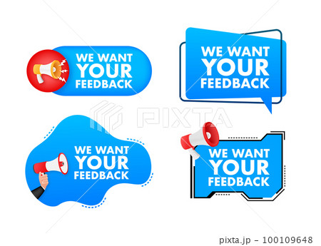 Megaphone label set with text We Want Your Feedback. Megaphone in hand promotion banner. Marketing and advertising 100109648