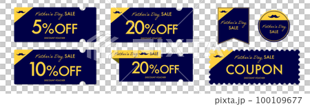 Navy blue and yellow coupon vector icon set for father's day sale 100109677