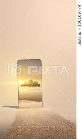Mobile phone screen with a view of the mosque Mobile phone screen with a view of the mosque 100109774
