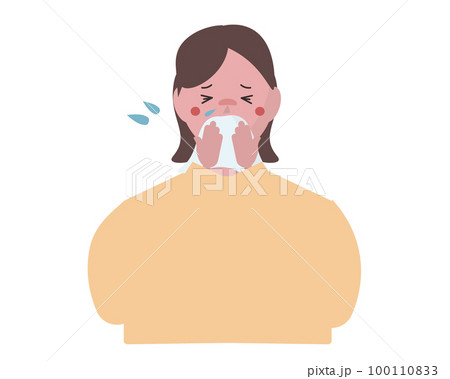 風邪を引いた女性。鼻をかむ女性。ベクターイラスト	 100110833