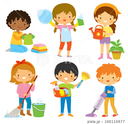 Cartoon kids doing housework or home chores such as cleaning and laundry.  100110977