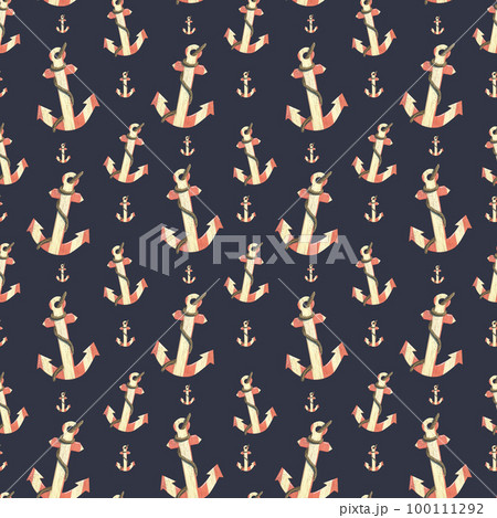 Wooden, striped anchors with a rope on a dark blue background. Watercolor illustration. Seamless pattern from SEA FISHING collection. For fabric, wallpapers, textiles, prints. Wooden, striped anchors with a rope on a dark blue background. Watercolor illustration. Seamless pattern from SEA FISHING collection. For fabric, wallpapers, textiles, prints. 100111292