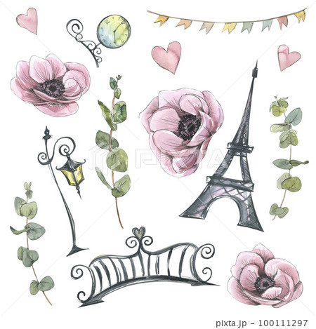 The Eiffel Tower with a wrought iron bridge, a street lamp and a clock with eucalyptus branches and pink anemone flowers, hearts and a garland. Watercolor illustration. Set from the PARIS collection. The Eiffel Tower with a wrought iron bridge, a street lamp and a clock with eucalyptus branches and pink anemone flowers, hearts and a garland. Watercolor illustration. Set from the PARIS collection. 100111297