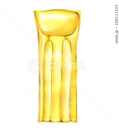 Inflatable, yellow mattress, raft for swimming. Watercolor illustration. Isolated object on white background from BEACH VACATION collection. For decoration and design of summer and beach. Inflatable, yellow mattress, raft for swimming. Watercolor illustration. Isolated object on white background from BEACH VACATION collection. For decoration and design of summer and beach. 100111325