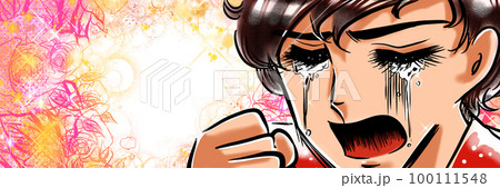 70年代少女漫画拳を握り泣き叫ぶ天然パーマのイケメン少年と花吹雪背景 100111548
