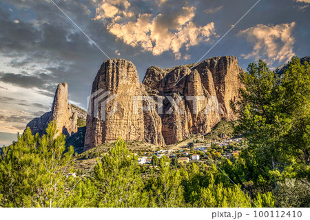 Panorama of Mallos De Riglos rocks in Huesca province, Aragon, Spain 100112410