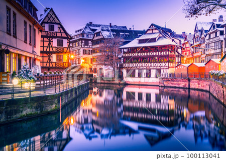 Strasbourg, Alsace, France - Petit France twilight water reflection. 100113041